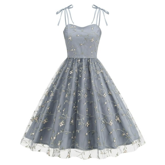 RYDCOT Women Square Neck Tie Strap Tulle Prom Dress Floral Embroidery Dress Sheer Mesh Vintage Cocktail Swing Dress Wedding Party Evening Dress