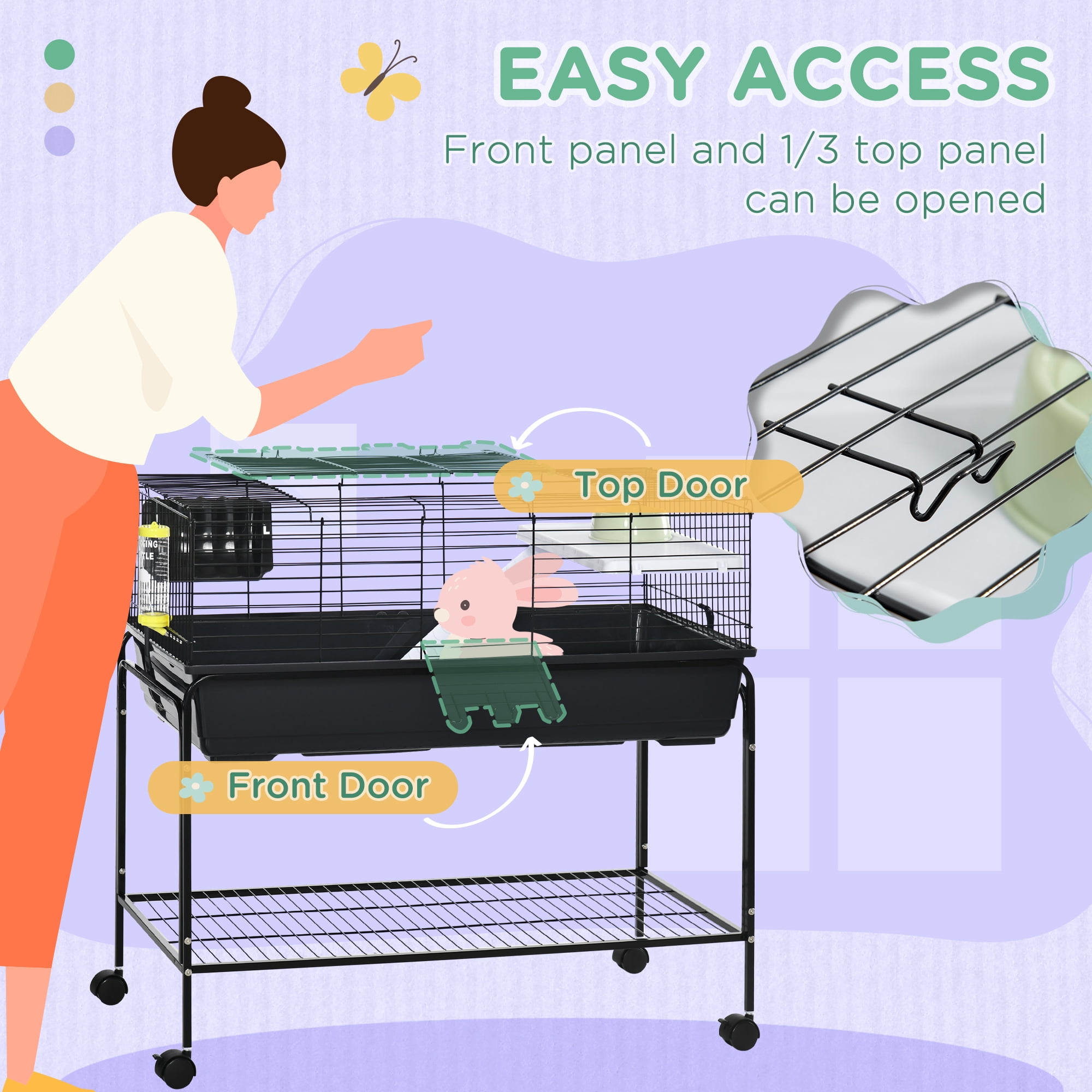 PawHut Two-Story Small Animal Cage Removable from Stand, Guinea Pig, Hedgehog, Chinchilla, Ferret, Shelf & Wheels, Pet Habitat, 39" x 20.5" x 36.5"