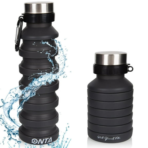 ONTA Collapsible Water Bottle - 18oz Reusable BPA Free Silicone Foldable Water Bottles for Gym Camping Hiking Travel Sports Water Bottle with Carabiner(Black)