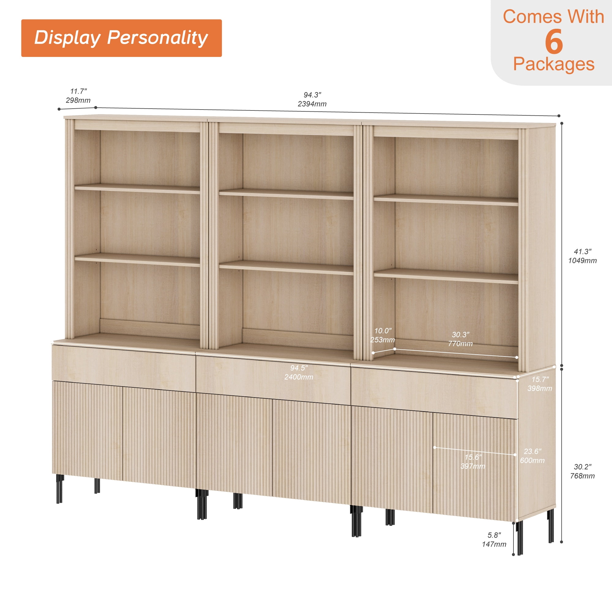 71.6"H X 94.5"W Set Of 3 Bookcase with Storage Cabinets, 15 Tier Bookshelf with Fluted Doors and Drawers, Large Modern Display Cabinet For Living Room Bedroom Home Office Kitchen