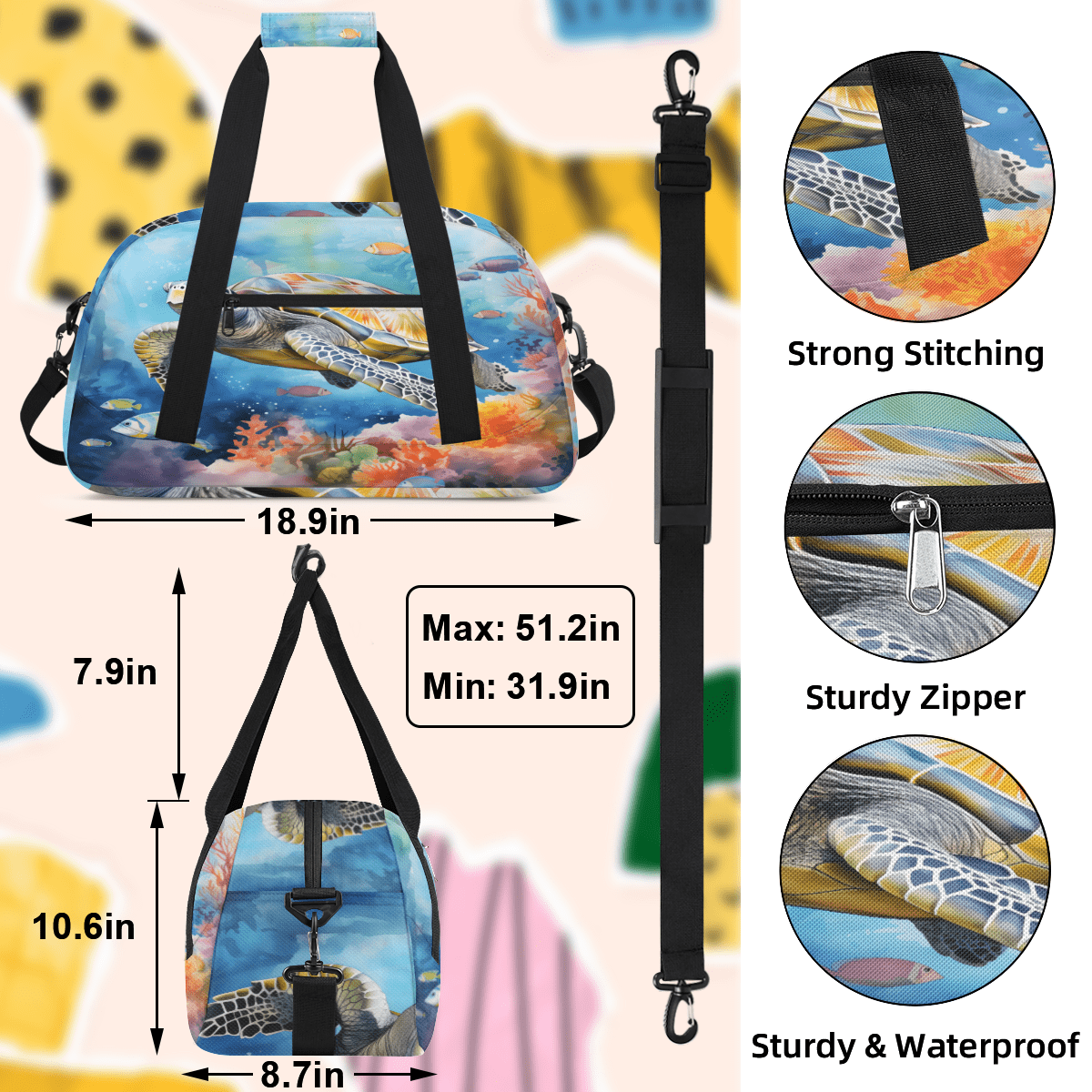 Herdesigns Sea Turtle Theme Sports Duffle Bag for Women & Men, Gym Bag Dance Bag Overnight Bag Carry On Weekender Travel Bag