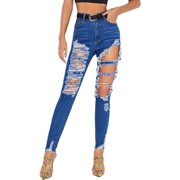 Women Stretch Distressed Ripped Blue Skinny Denim Jeans Pants