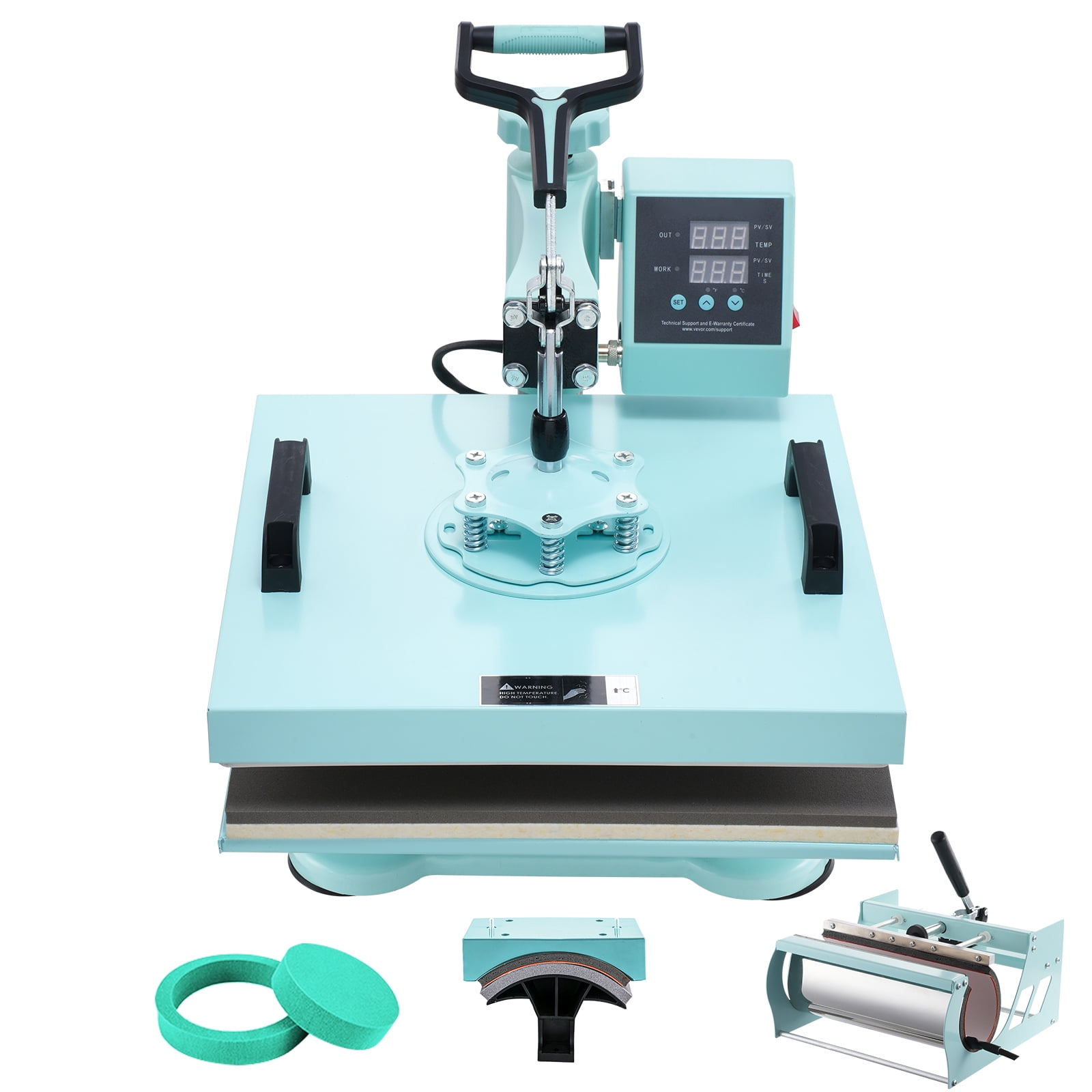 KFFKFF Heat Press, 15x15 inch, 5-in-1 Transfer Tool with 30 oz Cup Press, Swivels 360° for T-Shirt/Mug/Hat/Plate Crafting, Digital Control, Green