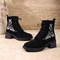thumbnail image 4 of Floral Embroidery Fall Ankle Boots for Women Lace up Suede Mid Stacked Heel Zipper Short Booties, 4 of 7