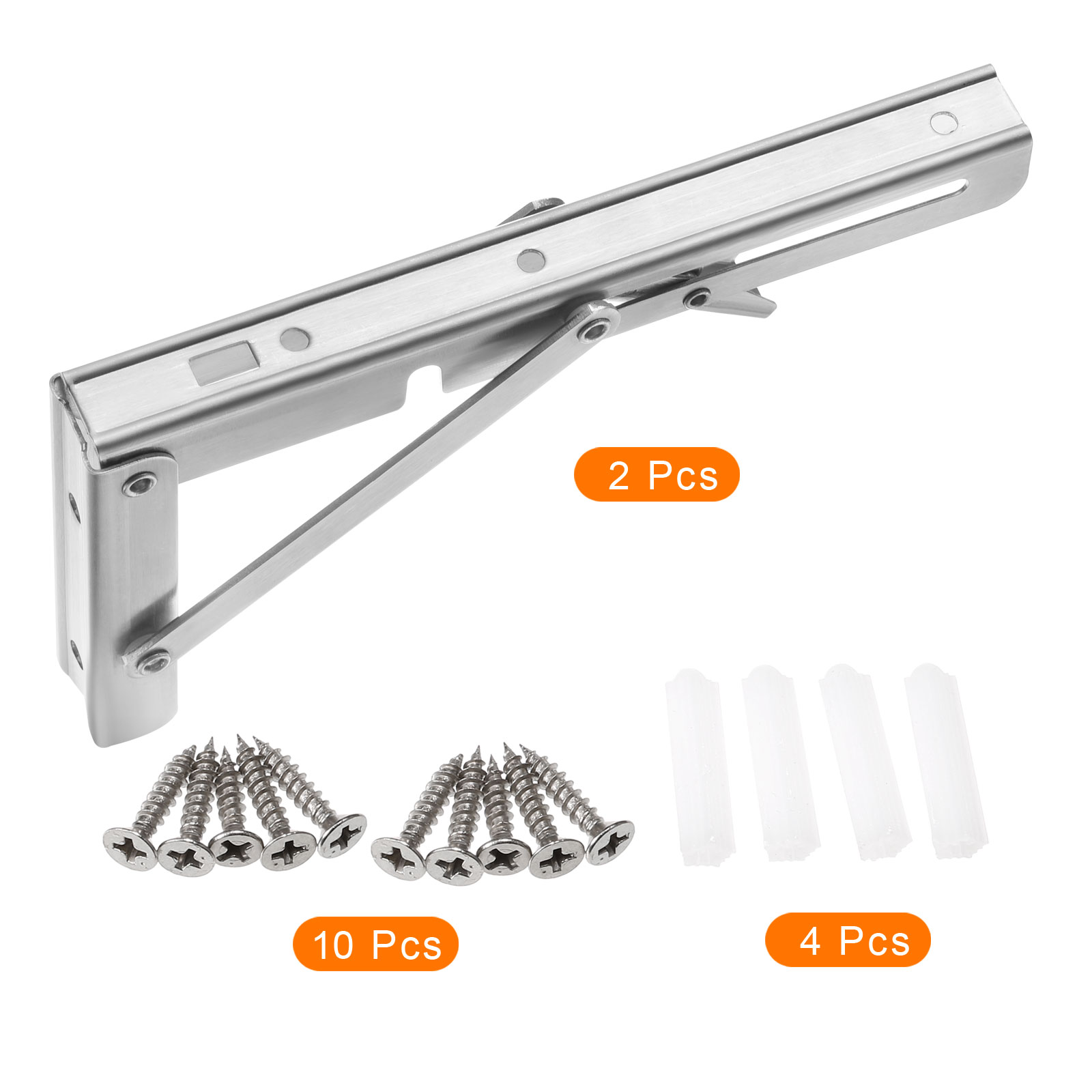 Uxcell 2 Pcs Folding Shelf Brackets, 8 Inch Stainless Steel Collapsible Shelf Bracket, L Shelf Bracket, Silver