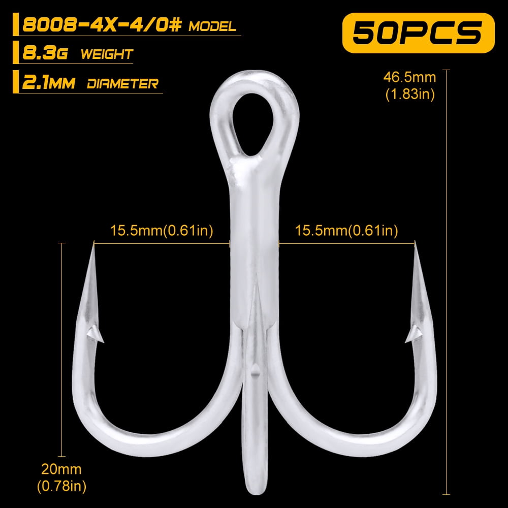 4X 50pcs/lot Saltwater Fishing Hook Matte Tin Treble Hooks 4/0#-3/0#-1/0#-1#-2#-4#-6# High-Carbon Steel High Strength Hooks