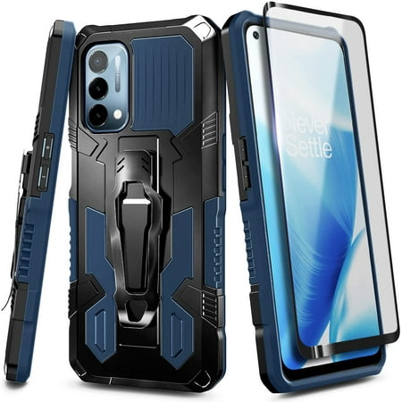 Nagebee Case for OnePlus Nord N200 5G with Tempered Glass Screen Protector (Full Coverage), Belt Clip Built-in Kickstand Dual Layer Full Body Protective Shockproof Rugged Case (Blue)