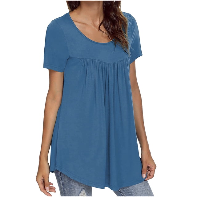 Birdeem Mode Femmes Été Blouses Plissées Col Rond Manches Courtes Amples T-Shirt