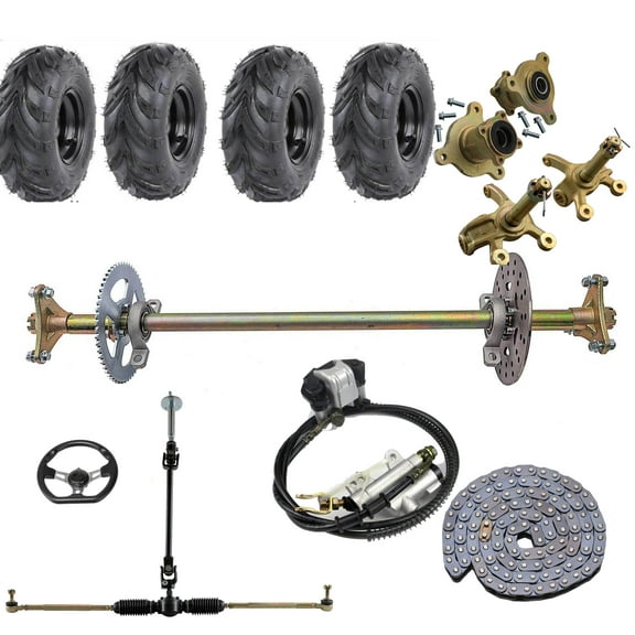 29" Go Kart Rear Live Axle Kit, 6" Complete Wheels Tires, T8F Sprocket, 3 Stud Hubs, Brake, Front Steering Wheel Gear Rack Shaft Assembly for DIY Drift Trike Parts ATV Quad Buggy Tricycle