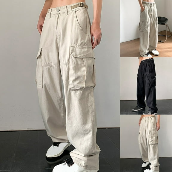 Momasggi Mens Cargo Pants Baggy Straight Leg Pants Solid Color Elastic Waist Pants Multi Pockets Trousers Lightweight Outdoor Hiking Pants Black 2XL