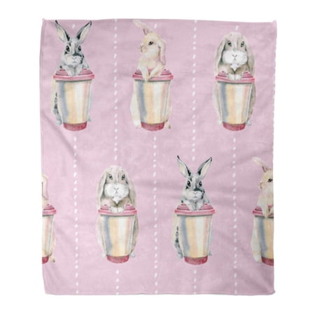 SIDONKU Throw Blanket Warm Cozy Print Flannel Cute Rabbits on Pink Easter Bunnies Gentle Hare Cup of Coffee Comfortable Soft for Bed Sofa and Couch 58x80 Inches