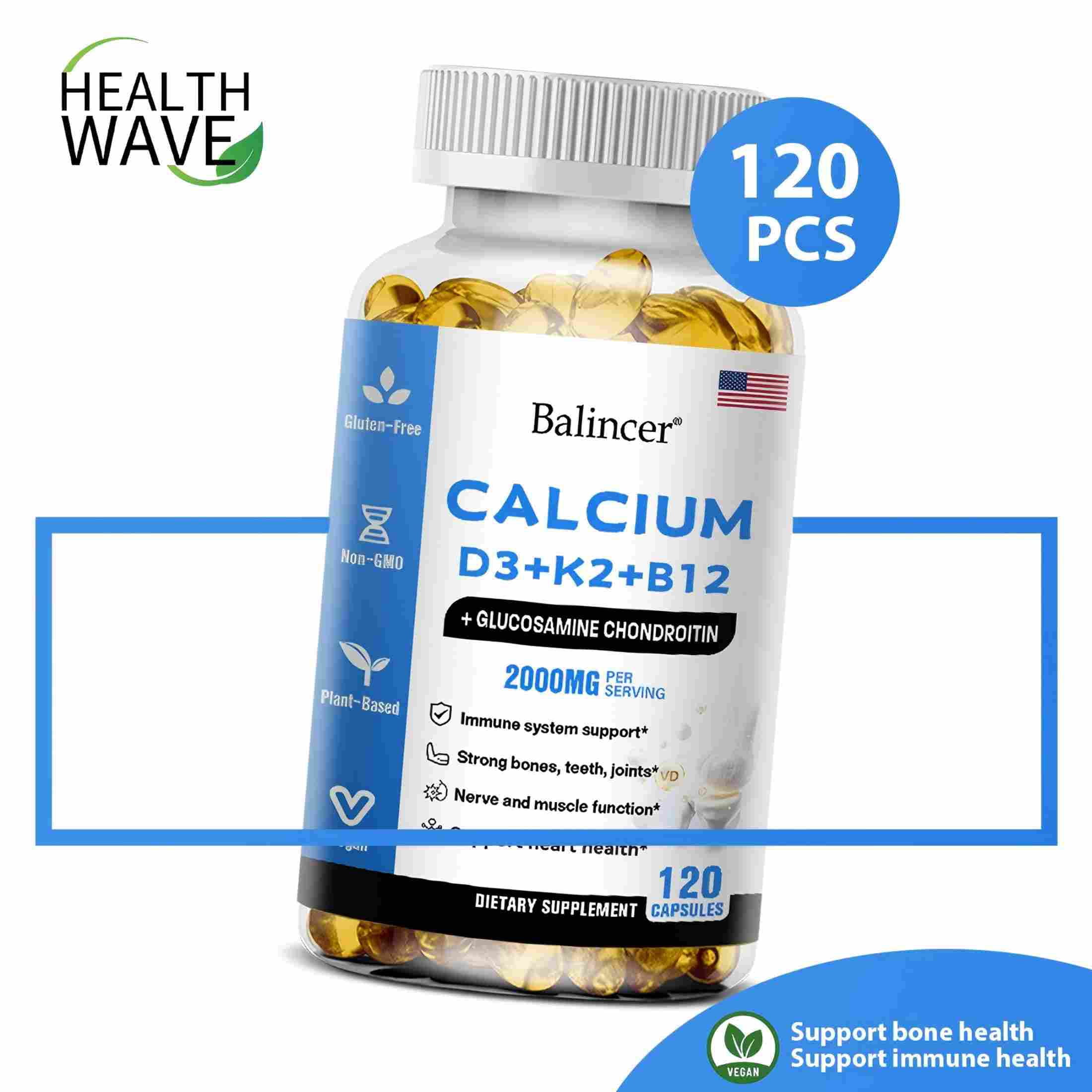 Balincer Calcium & Vitamin D3 Supplement, with Calcium D3+K2+B12, Support Immune Health, 120 Capsules