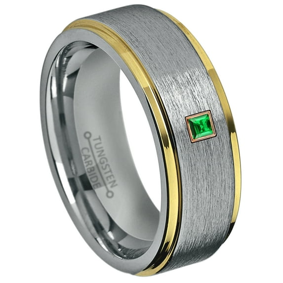 0.05ctw Princess Cut Tsavorite Tungsten Ring - 8MM Brushed 2-Tone Yellow Gold IP Stepped Edge Tungsten Carbide Wedding Band - January Birthstone Ring - 14kt Rose Gold Bezel - TN132PSRG-1TVRs8.5