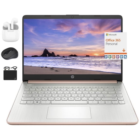HP 2024 14" Laptop Notebook Thin Light Students Business, Quad-Core Intel N4120, 4GB RAM, 192GB (128GB eMMC  64GB Card), 1 Year Office 365, Webcam, WiFi, Windows 11S, HubxcelAccessory Rose Gold