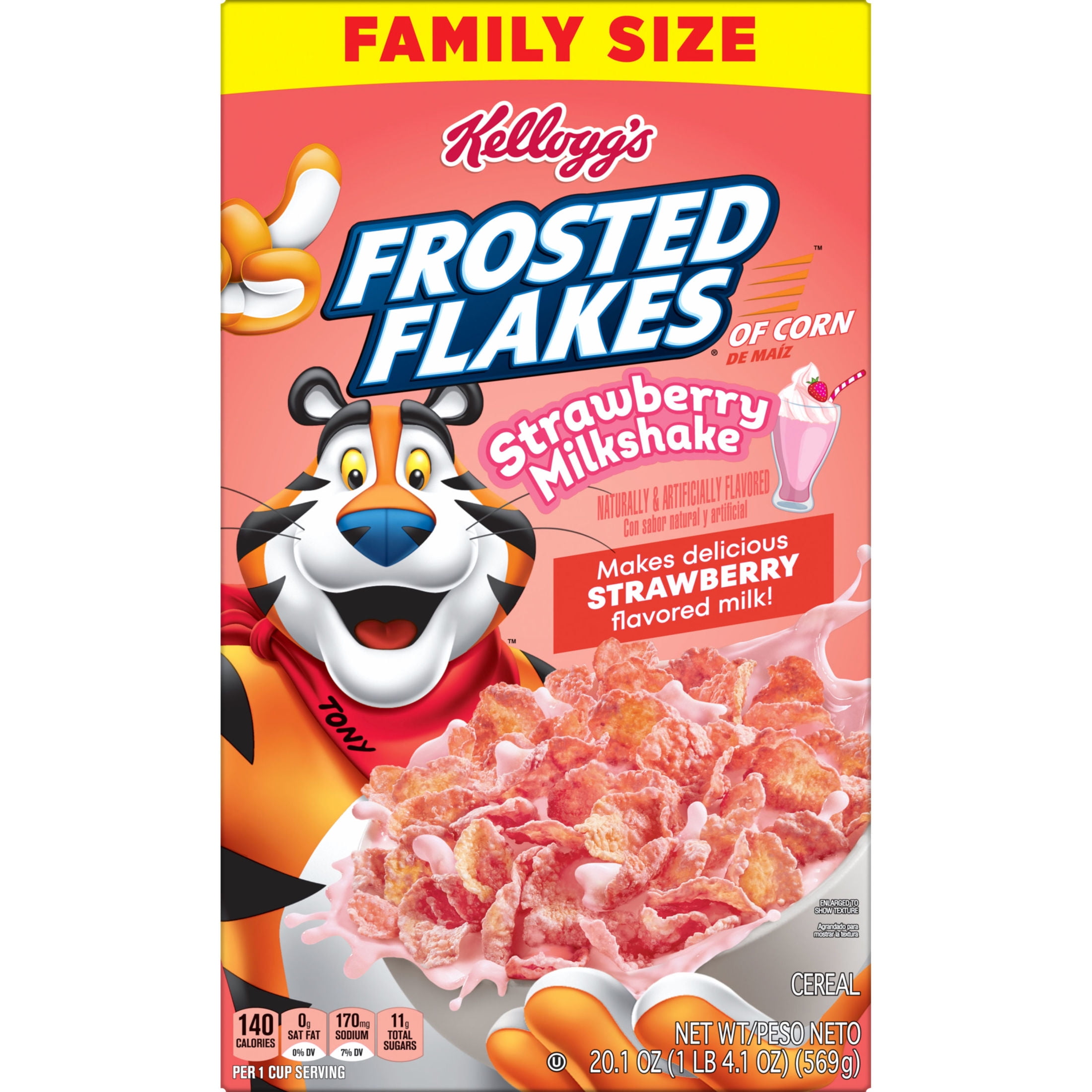 (6 pack) Kellogg's Frosted Flakes Strawberry Milkshake Breakfast Cereal, Kids Cereal, Family Size, 20.1 oz