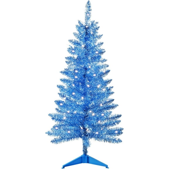 4ft Artificial Full Blue Christmas Tree with Separate Lights, Not Pre-lit Mini Blue Tinsel Pine Christmas Tree, 50 Lights, Small Xmas Tree for Home, Office, Party Decoration, Indoor