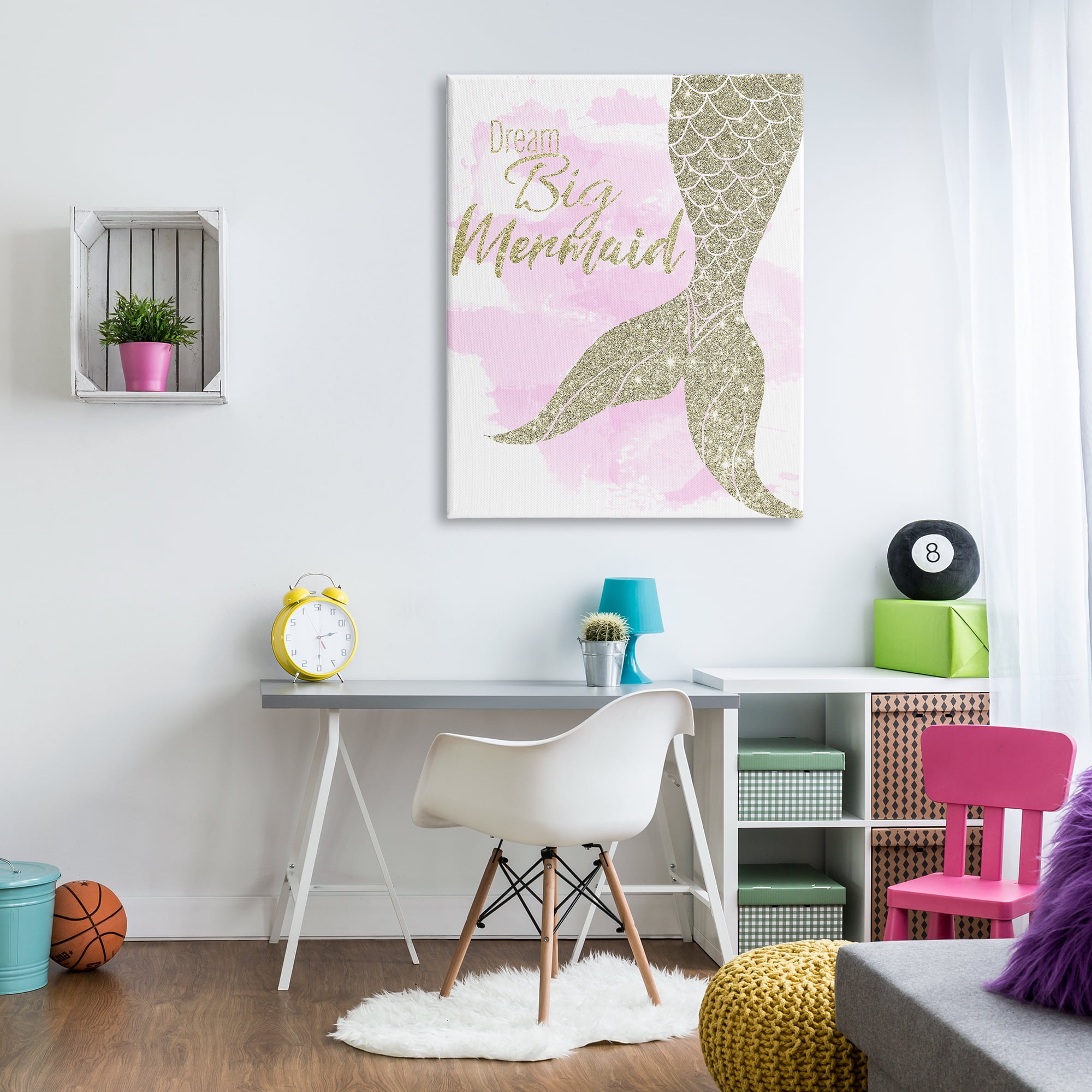 Stupell Industries Dream Big Mermaid Quote Sparkle Pattern Fish Tail Fairy Tales & Fantasy Painting Gallery Wrapped Canvas Print Wall Art, 36 x 48