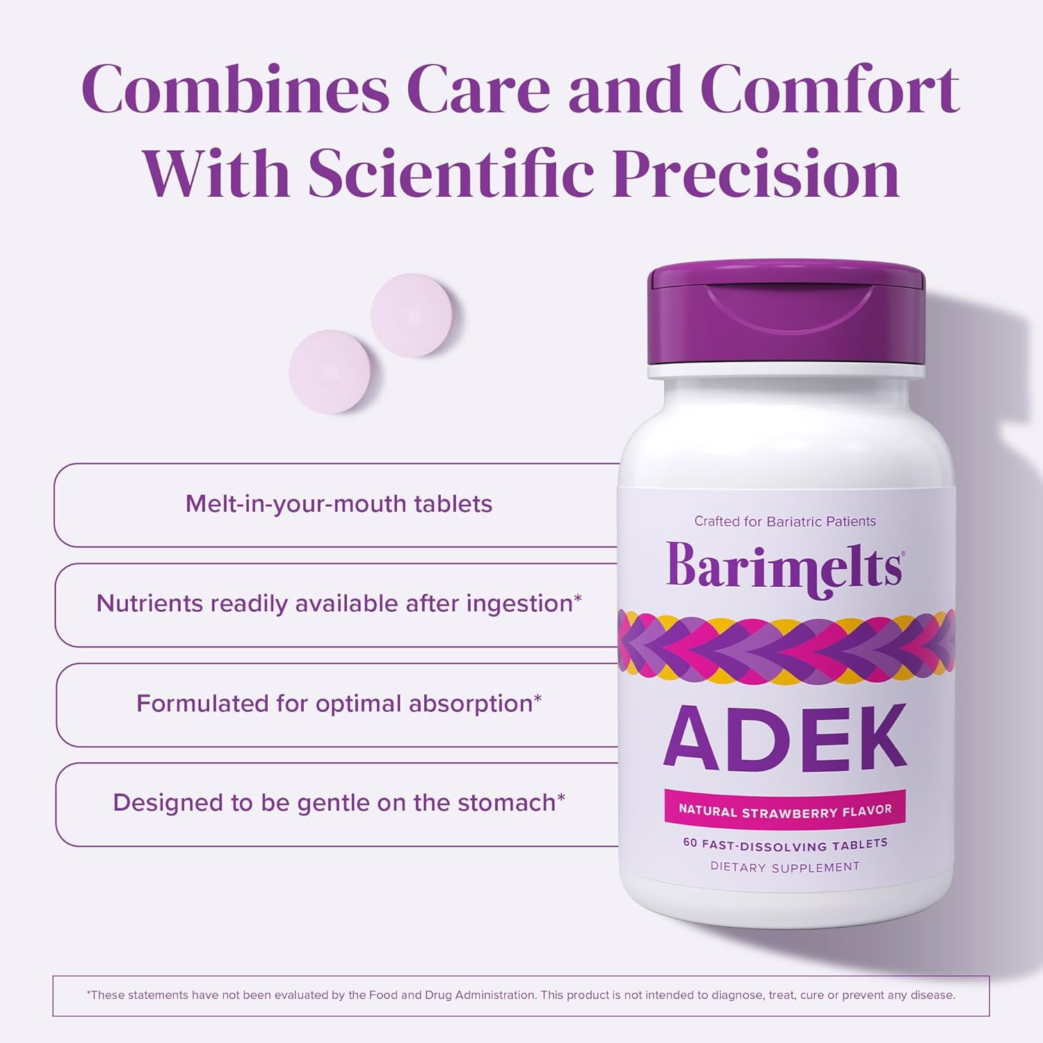 Barimelts ADEK, Post-Operation Bariatric Vitamins with Vitamin A, D, E, and K - Natural Strawberry Flavor, 60 Count