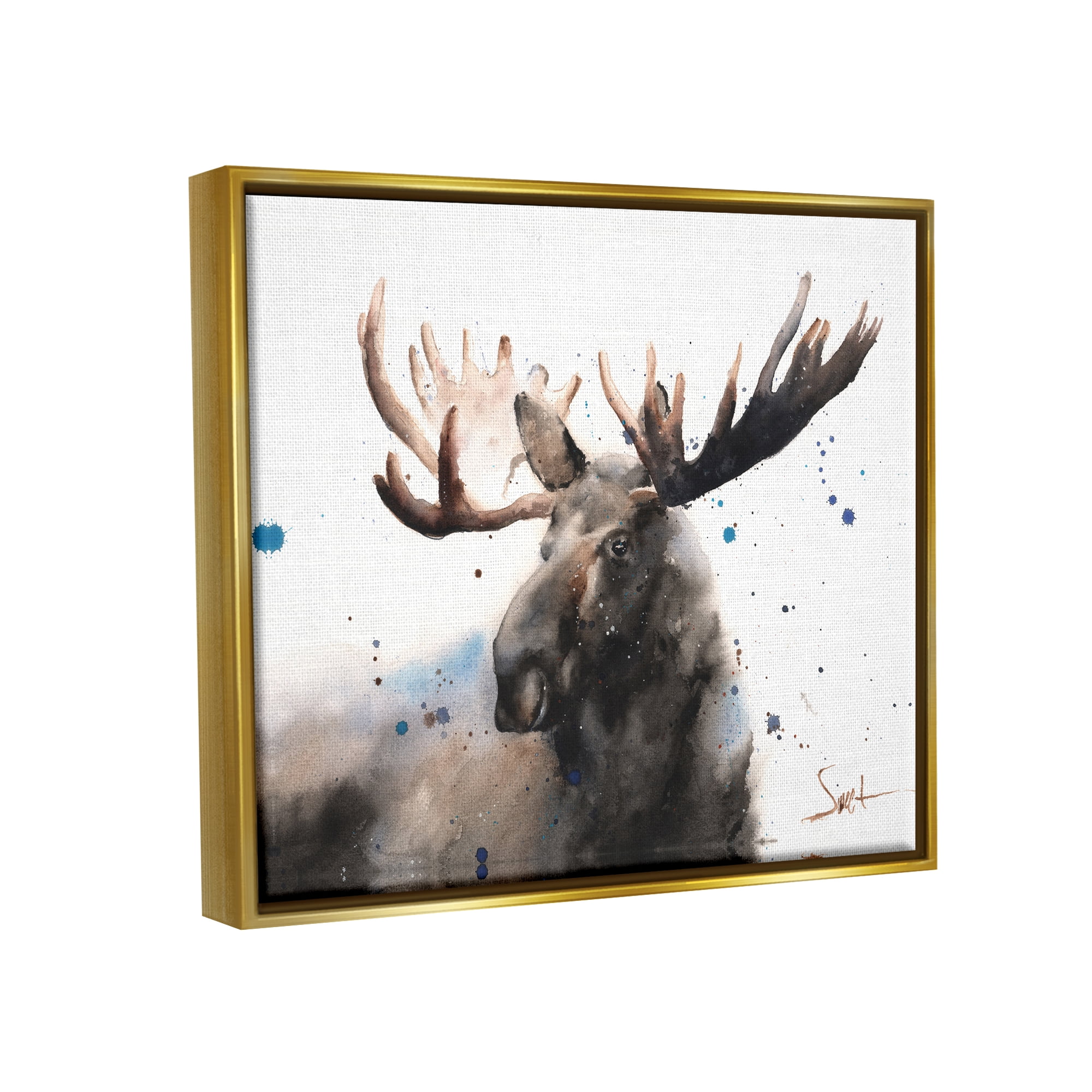 Stupell Industries Majestic Moose Watercolor Painting with Blue Splatter Metallic Gold Framed Floating Canvas Wall Art, 16x20, by Eric Sweet