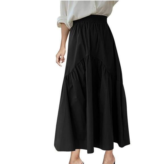Womens Skirt Boho Elastic High Waist Ankle High Waisted A-Line Long Maxi Skirt Ladies Casual Commuting Solid Color High Waist Large Skirt Ndbuld,Black,M