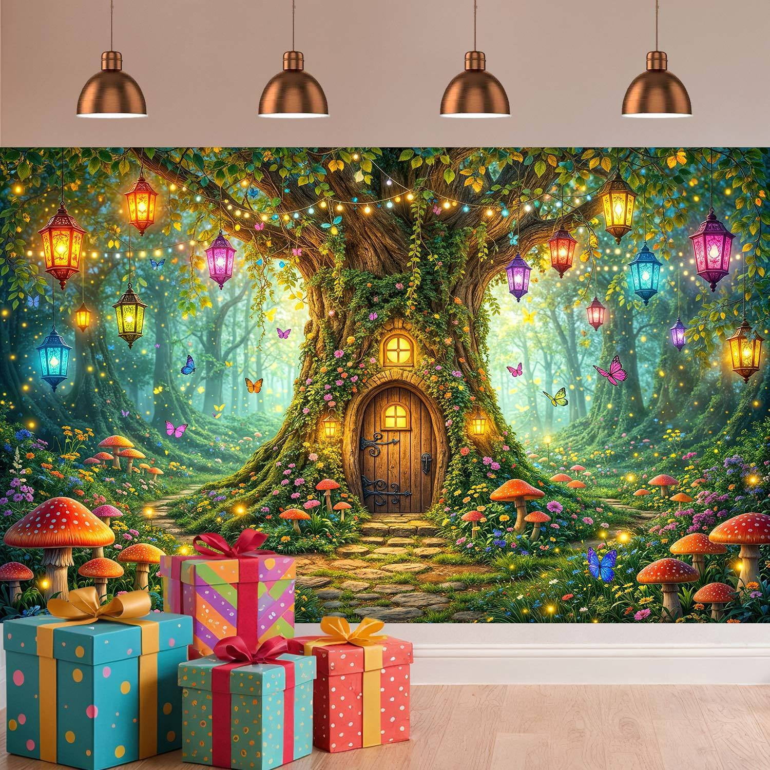 Enchanted Forest Fairy Treehouse Photography Backdrop, Magical Mushroom Lantern Butterfly Background for Kids Birthday Party Baby Shower Photo Booth Decorations Banner, 10x8ft