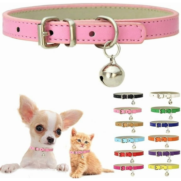 Dog Collar with Bell, Soft Pu Leather Cat Collars Adjustable Buckle for XS Extra Small Medium Tiny Female Male Boys Girls Pets Puppy Kitten Teacup Yorki