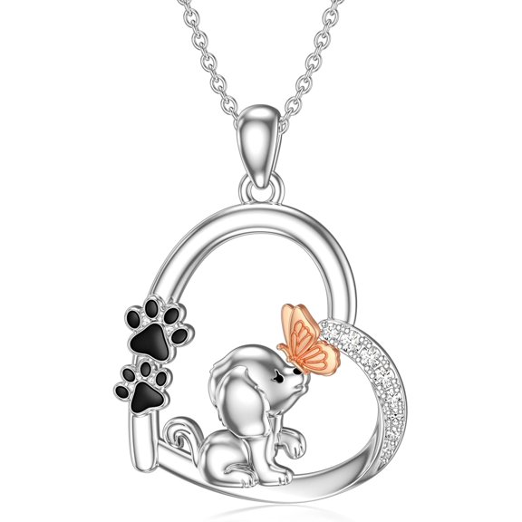 Dorunmo Dog Heart Necklace 925 Sterling Silver Keepsake Puppy Necklace with Dog Paw Heart Butterfly Pendant Memorial Pet Jewelry Women Teens