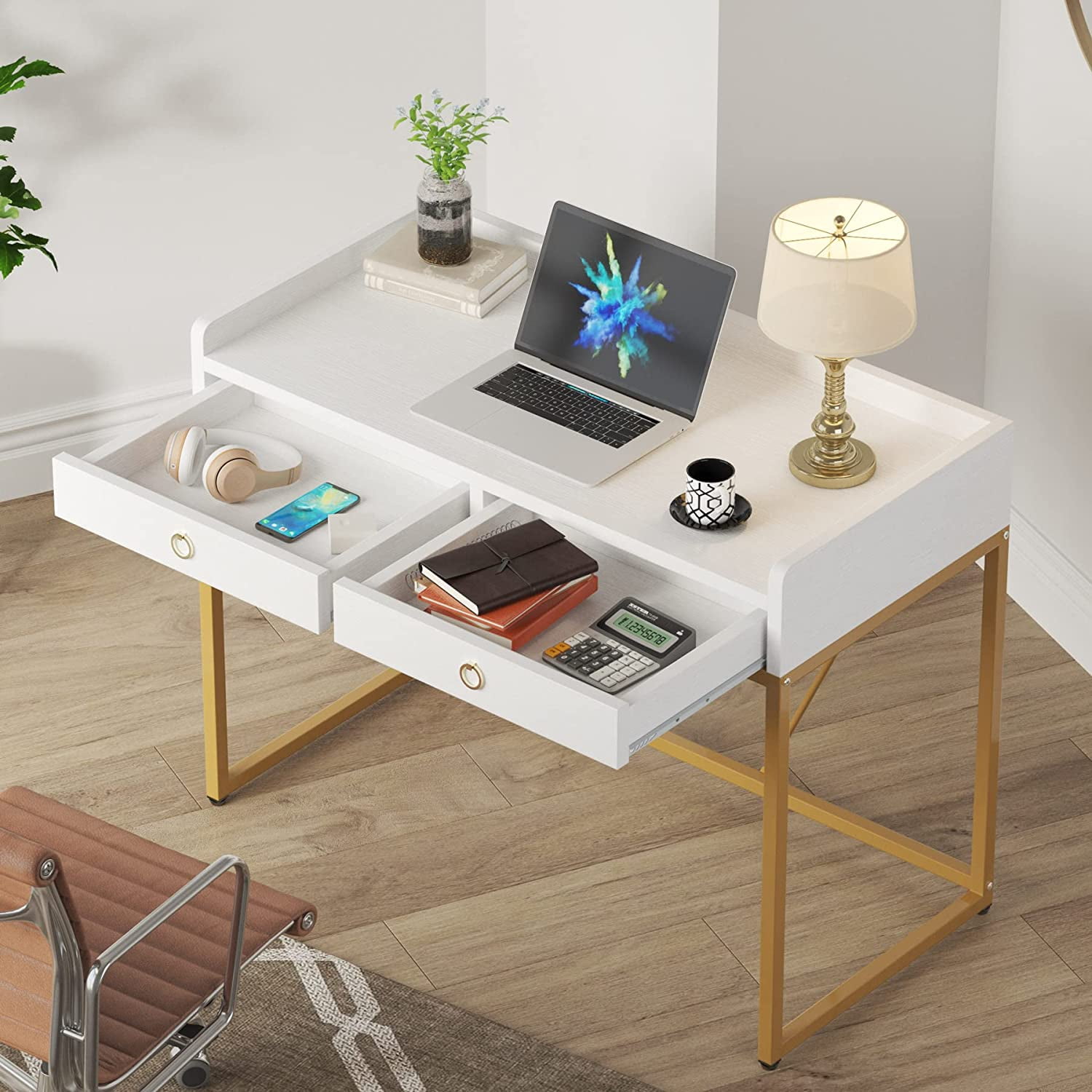  Tribesigns Small Computer Desk, 40 Inch White and Gold Writing  Desk with 2 Drawers, Modern Simple Study Desk Table for Bedroom, Makeup  Vanity Console Table for Small Spaces, White and Gold 