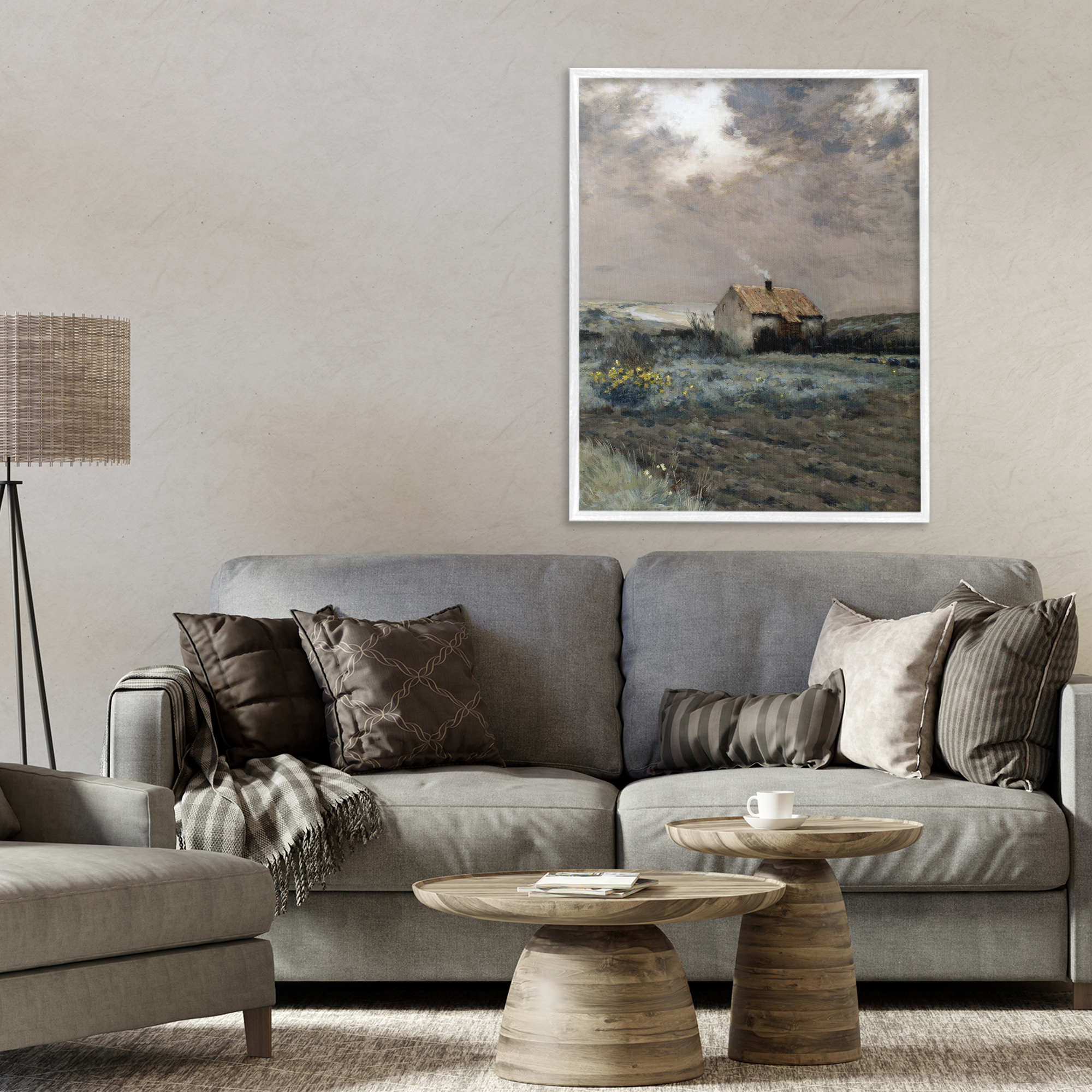 Cabin in Overcast Field White Framed Giclee Art, design by Lettered and Lined