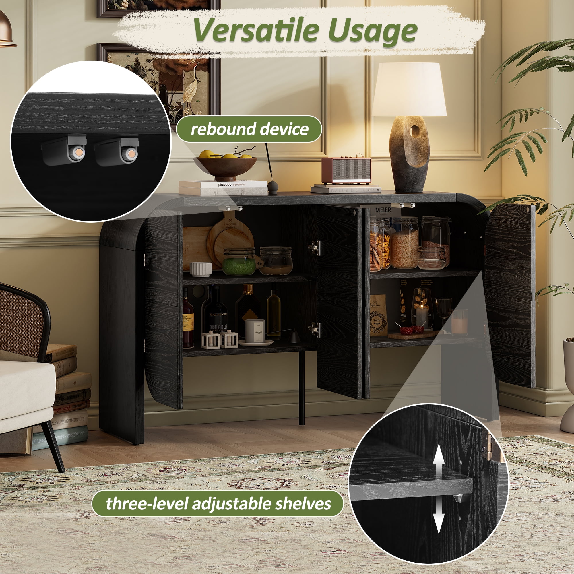 Aukfa Buffet Cabinet with 4-Door,Accent Cabinet Rounded Corners for Living Room Entryway,Black