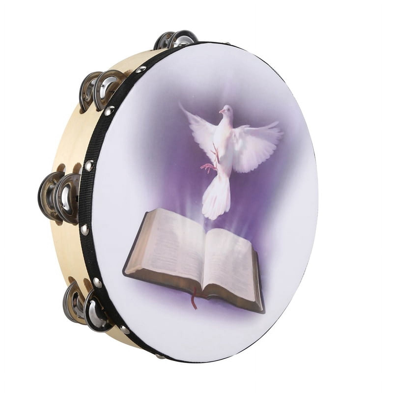 10 Inch Wooden Tambourine Pigeon Bible Music Percussion Instrument Tambourine Double Tambourine Row Jingle Percussion Instrument for Church