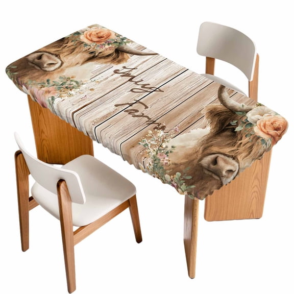 Spring Cow Floral Table Cloths for 3 Foot Rectangle Tables, Light Brown Wooden Farmhouse Patio Waterproof Elastic Fitted Tablecloths, Washable Rectangular Table Cover for Camping