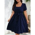 thumbnail image 4 of Women'S Plus Size Elegant Retro Polka Dot Waist Tie Square Neck Swing Dress Dark Blue XXXL, 4 of 7