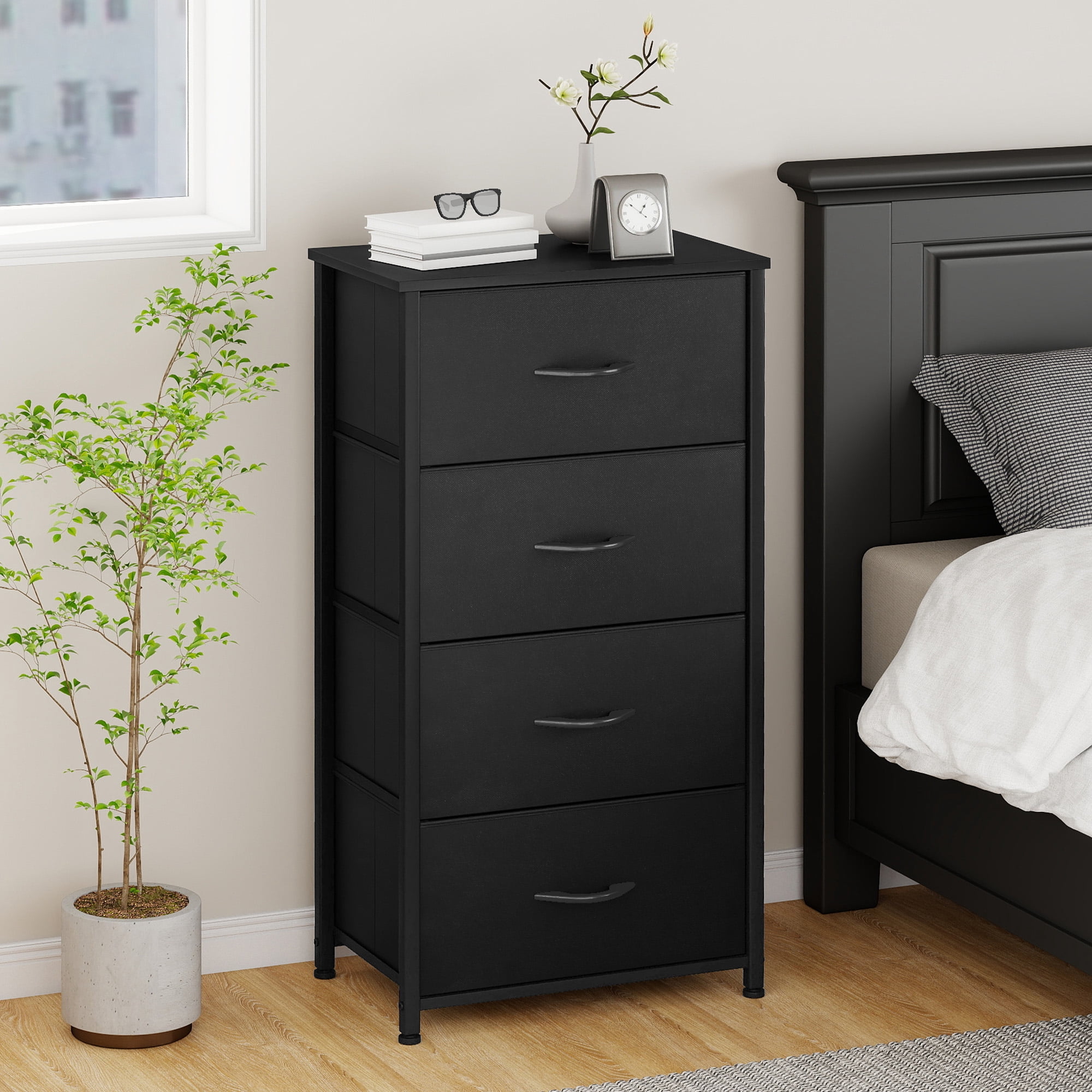 Uforic 4 Storage Dressers with Fabric Dresser Organizer Unit Wide Chest Of Drawers Nightstand Storage Tower for , Black