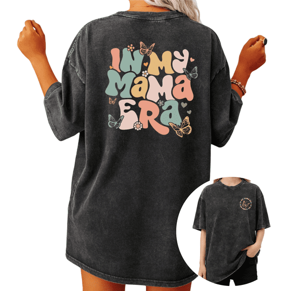 Black Washed In My Mama Era Print Tshirt Graphic Tees Shirts S-2XL Mom Life Butterfly Floral Graphic Tops