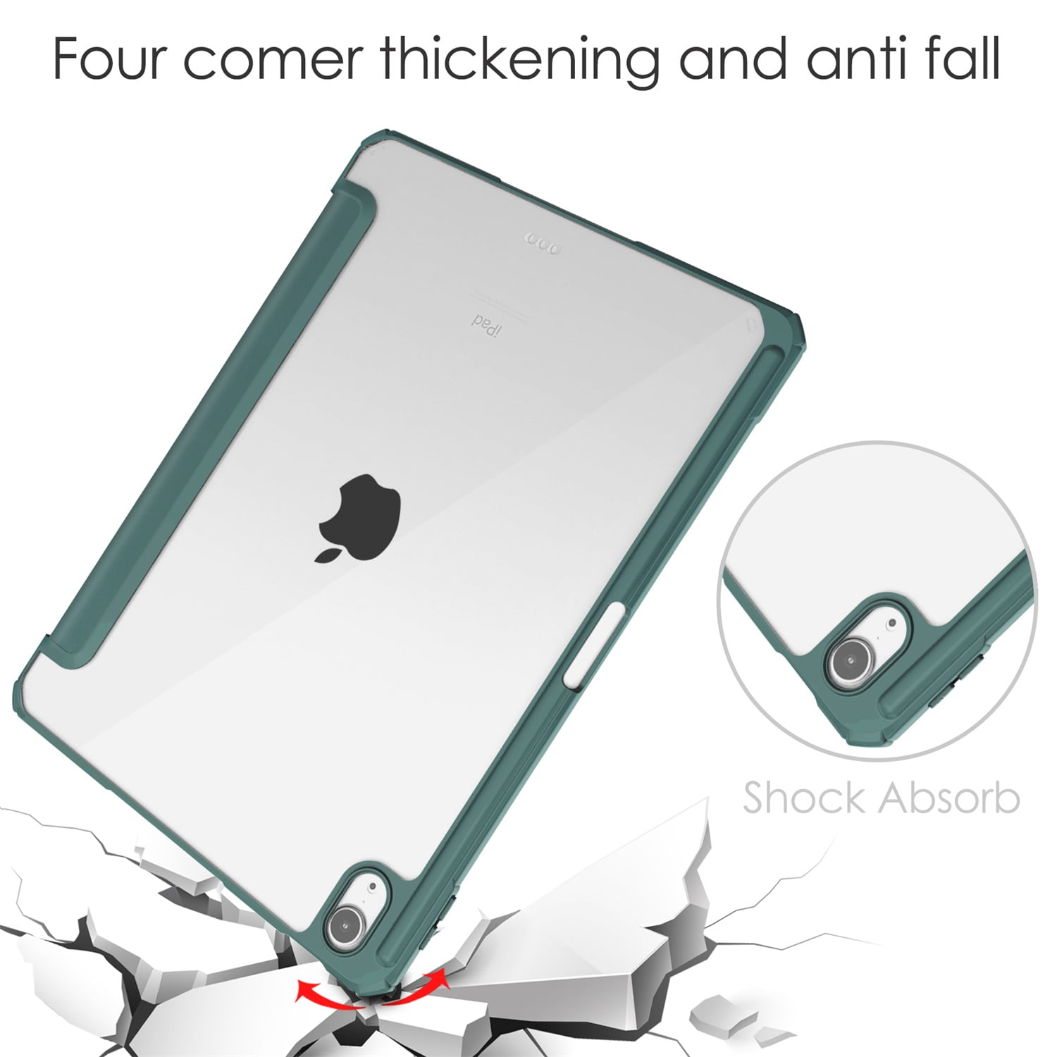 SaniMore Case for Apple iPad Air 11 (2024), Auto Sleep/Wake Shock Resistant [Built-in Pencil Holder] Flip Stand [Dual Angle] Transparent Slim Lightweight Anti-fall Tablet Shell, Deep Green