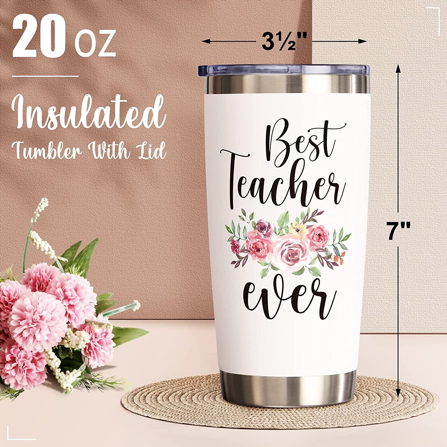 Best Teacher Ever Insulated Tumbler Cup 20 oz Clear Lid and Straw Gift –  Goparty Decoration