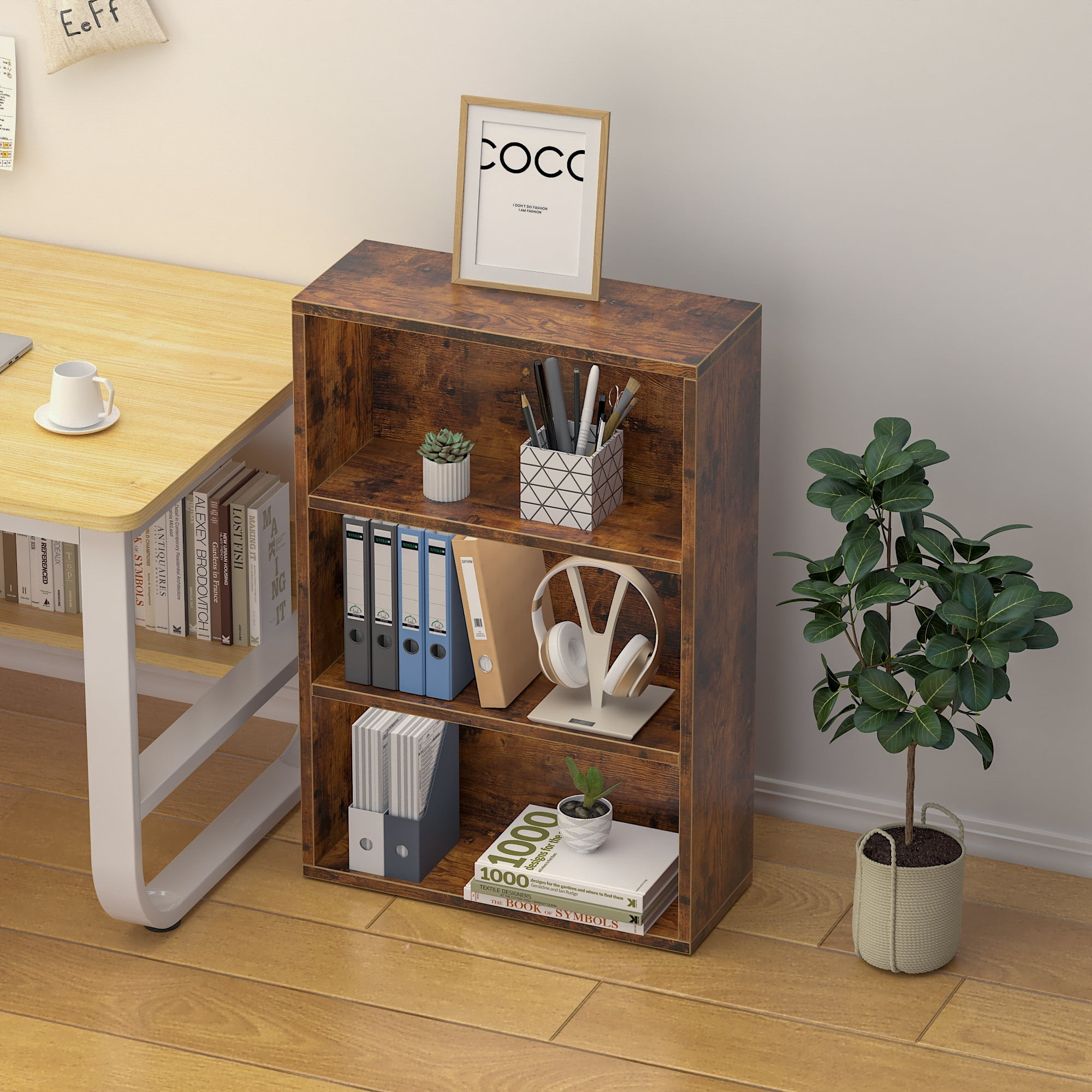 NEWSENDY 3 Shelf Bookshelf,Wood Tall Bookshelf and Bookshelves, 3-Tier Cube Display Shelves,Multifunctional Storage Organizer Shelving for Bedroom Library Living Room Home Office