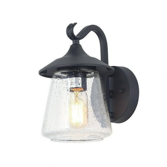 LNC Outdoor Wall Sconce with Curved Arm and Seeded Glass Shade, Matte Black, 10" Fixture