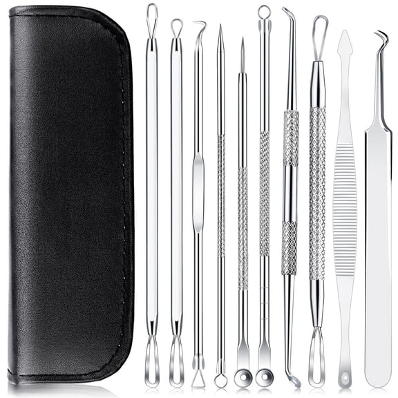 Pimple Popper Tool Kit 10 Pcs Blackhead Remover Tool Zit Popper for Blemish,Pimple Comedone Extractor Acne Tool for Blackheads,Acnes,Whiteheads Nose Face with Leather Bag
