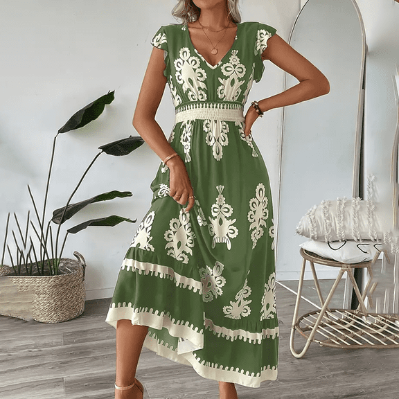 ZEHJUHAN Women's Flowy Floral Print Maxi Dress with V-Neck Short Sleeves & Smocked Waist for Casual Wear Green，S