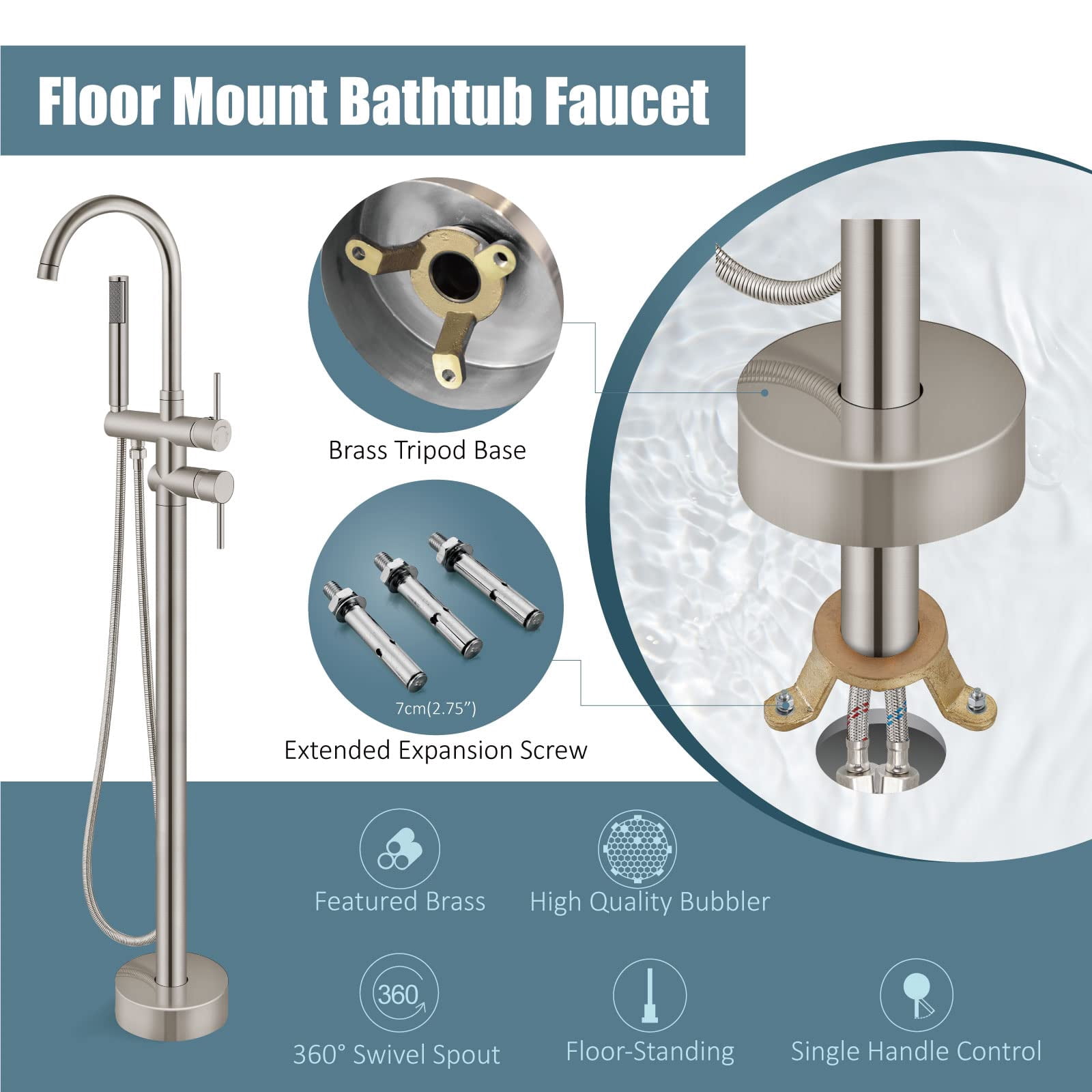 Floor Mount Bathtub Faucet Brushed Nickel Freestanding Tub Filler with Swivel Spout