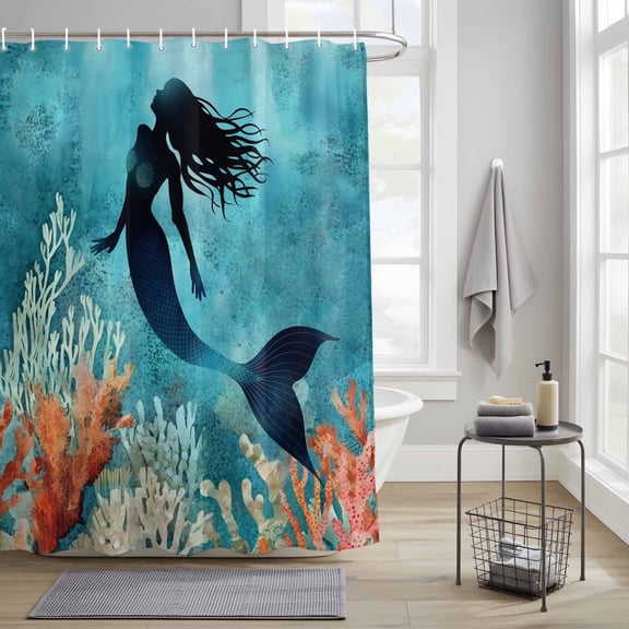 Bathroom Shower Curtain Watercolor Mermaid Silhouette Coral Waterproof Shower Curtains with Hooks, Undersea World Bath Curtains Bathtub Curtain Home Decor 36x72in