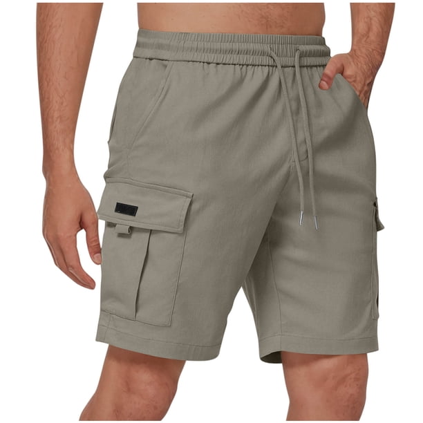 Pantalones Cortos de Carga de Cintura Elástica para Hombres Casual Sólido Longitud de Rodilla Bolsillo de Carga Pantalones Rectos, Mezcla de Algodón