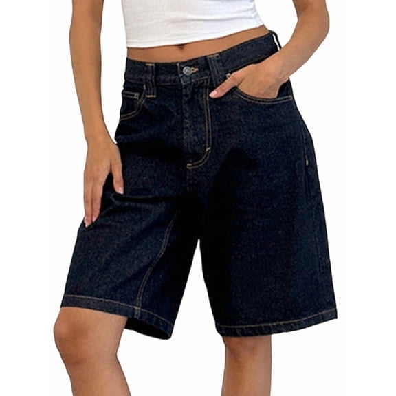 Women Baggy Denim Bermuda Shorts Y2k Vintage Straight Leg Casual Knee Length Jean Jorts with Pockets XL