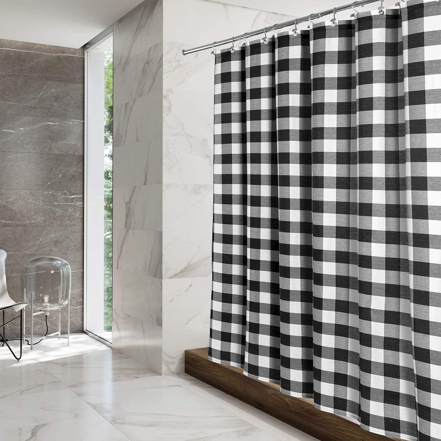 Extra Long Buffalo Check Shower Curtain: Cotton Blend Plaid Woven Texture & Machine Washable, Water-Repellent, Rustic Farmhouse Style for Bathroom - Black and White, 72x84 Inch
