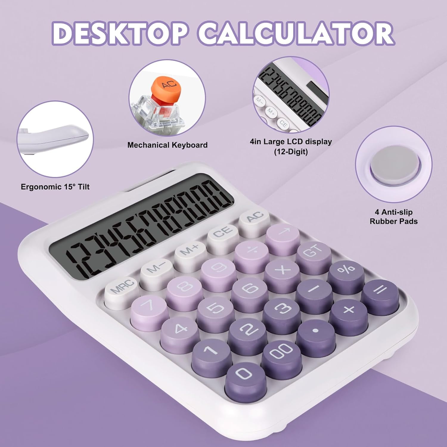 Mechanical Switch Calculator with Big Buttons, Calculators Desktop, 12 Digits, Solar Battery Power, Desk Calculator,Large LCD Display,Cute Purple for Teachers Students Basic Office