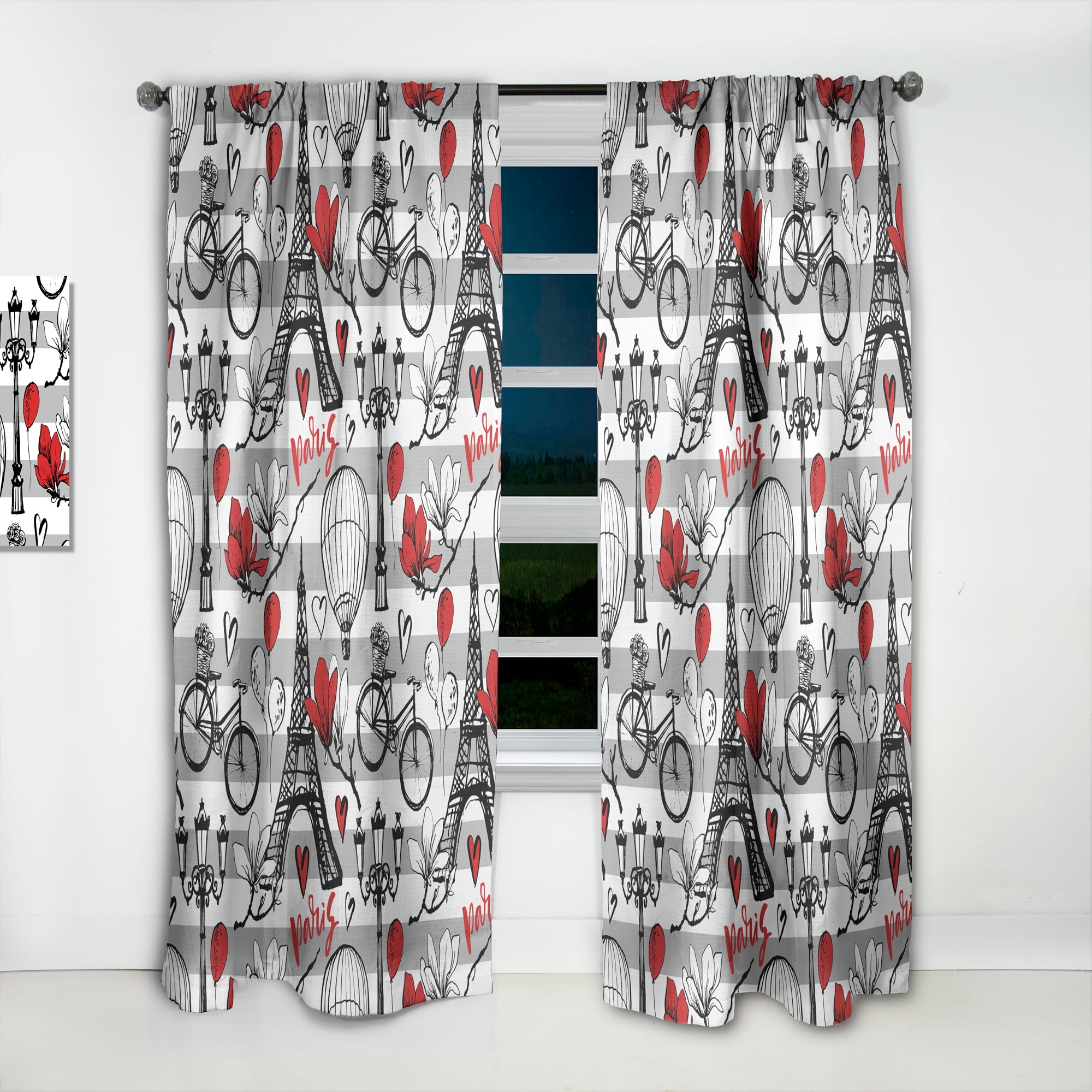 Designart 'Eiffel Tower Paris Red Hearts II' Mid-Century Modern Curtain Panel