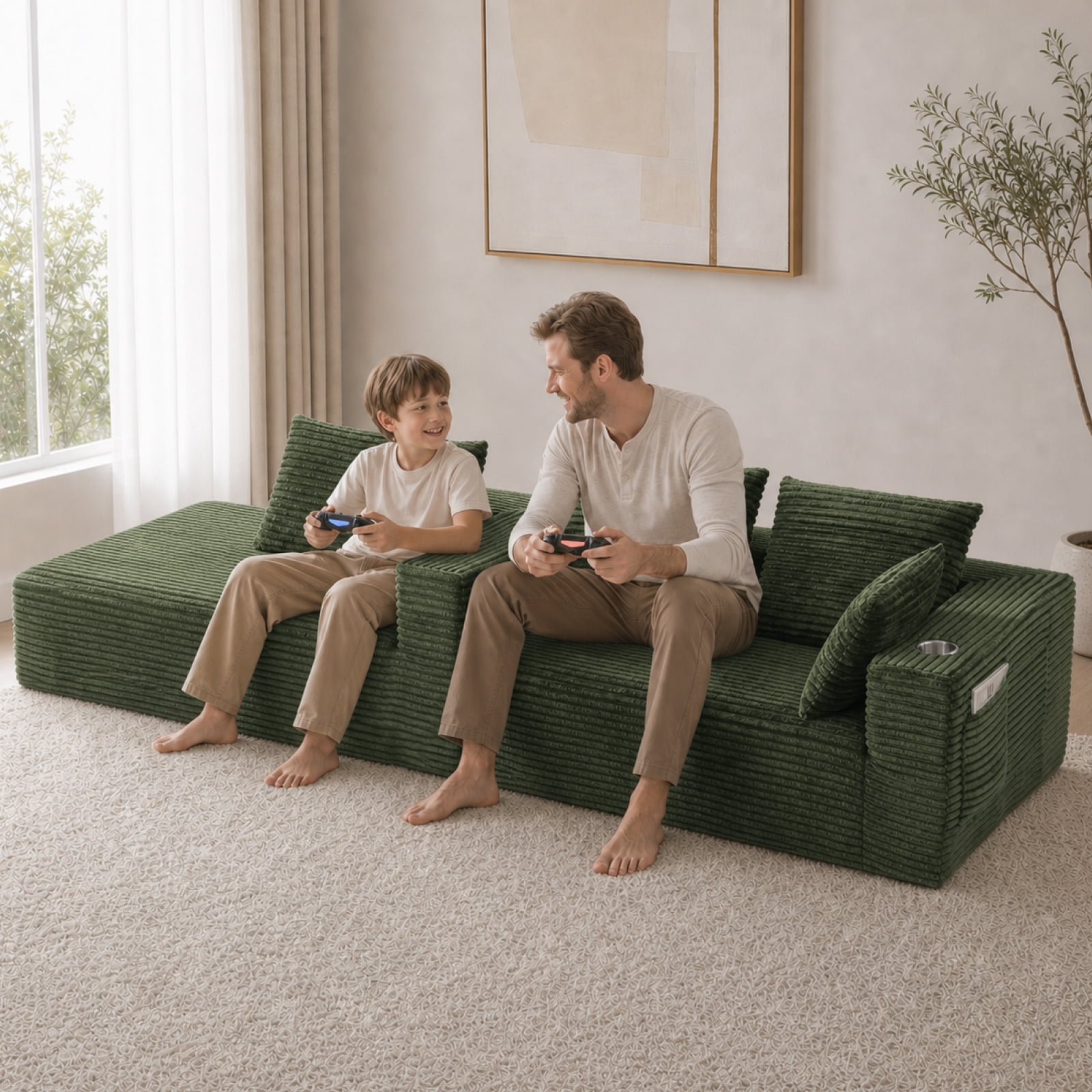 95'' Boneless L Shape Modular Sofa Couch with 4 Pillows and 2 Cup Holders