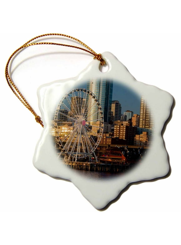 3dRose USA, Washington, Seattle. Seattle Great Wheel at Pier 57 in evening., Snowflake Ornament, Porcelain, 3-inch